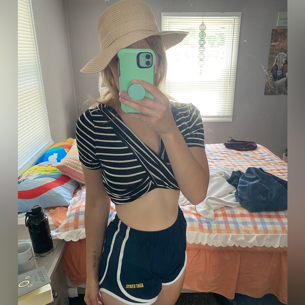 Charlotte Russe Black White Striped Crop Top Twist